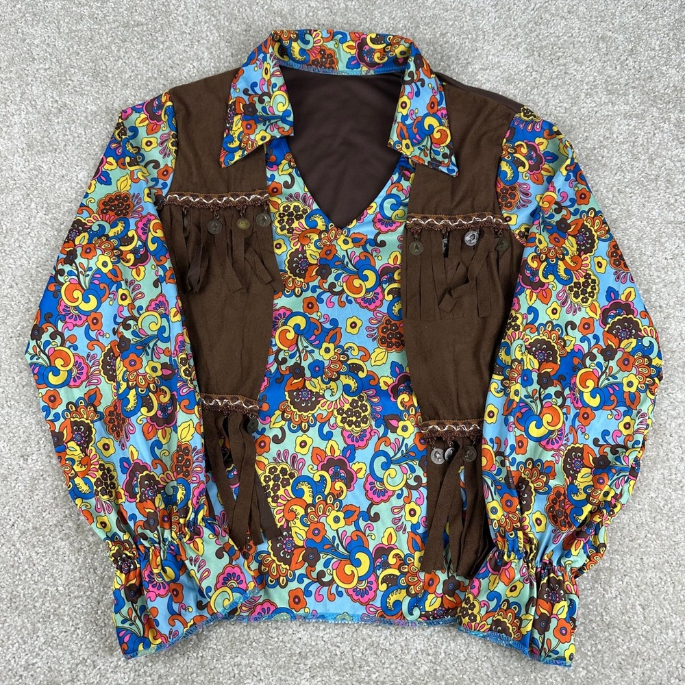 Forum Novelties 70s Hippie Costume Shirt Brown Fringe Paisley Psychedelic OSFM